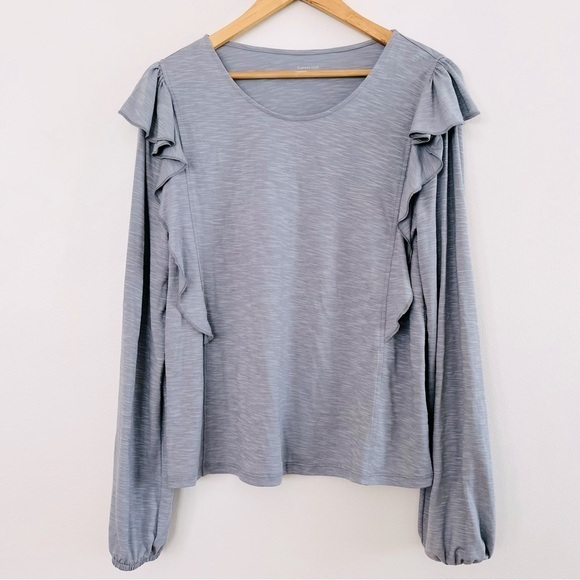 Garnet Hill Tops - [Garnet Hill] Reia Ruffle-Shoulder Muted Blue Elastic Cuff Long Sleeve Top